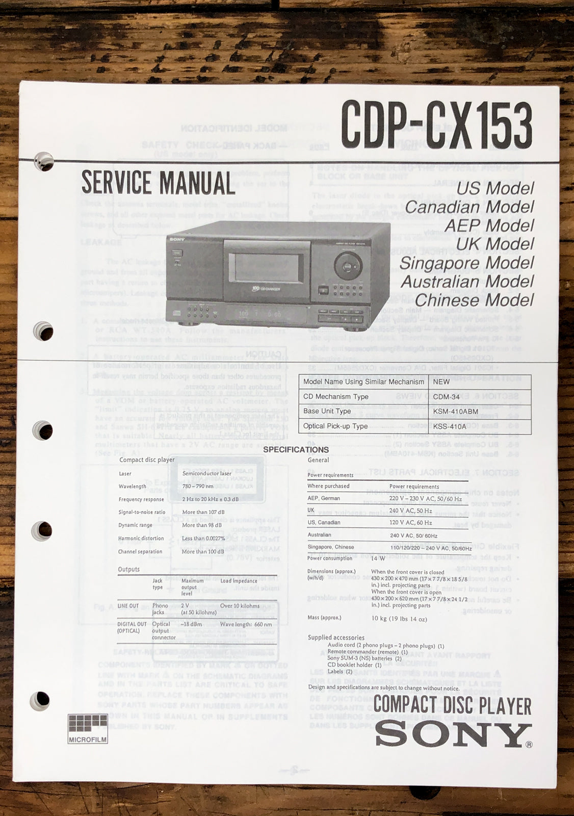 Sony CDP-CX153 CD Player  Service Manual *Original*