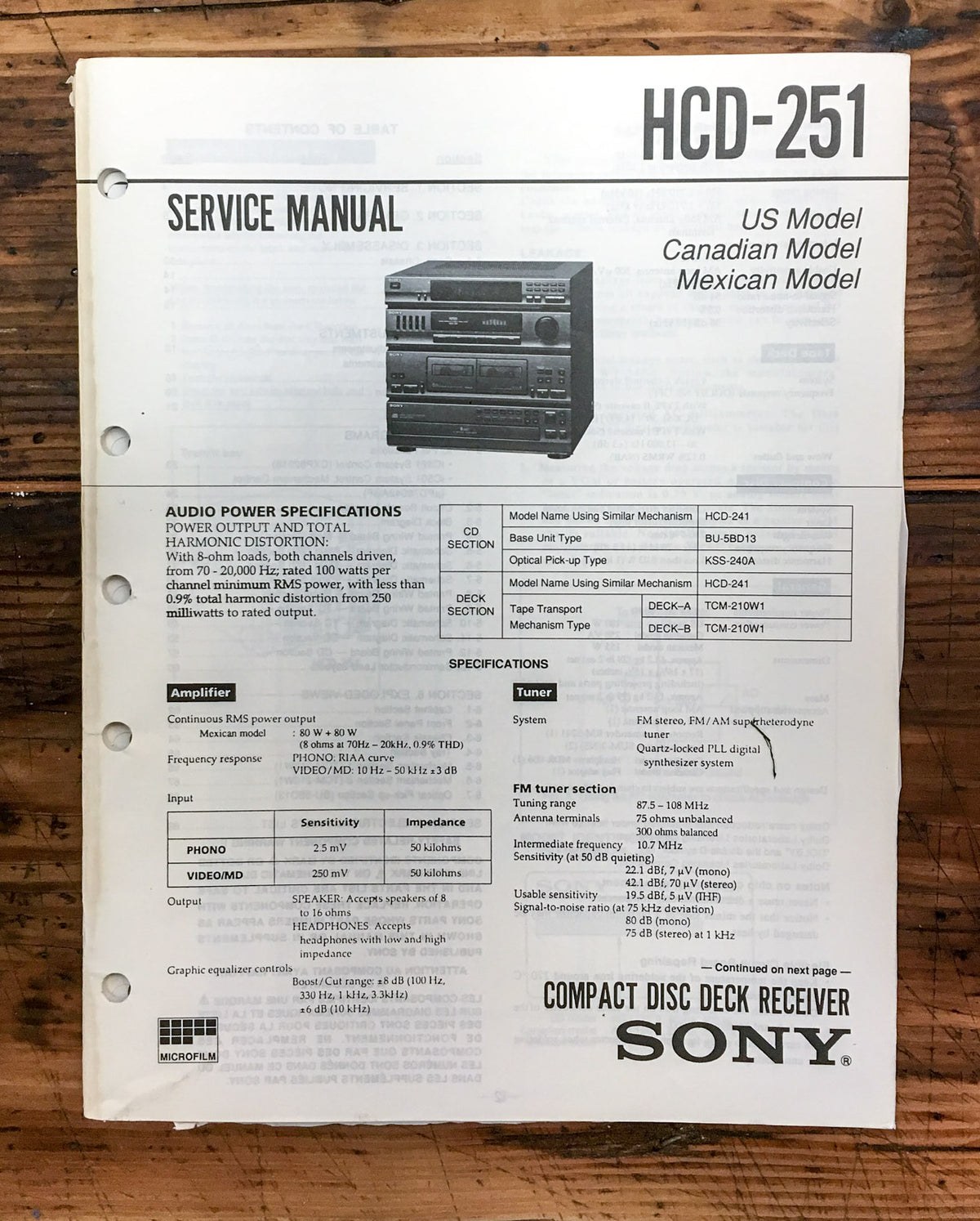 Sony HCD-251 Stereo  Service Manual *Original*
