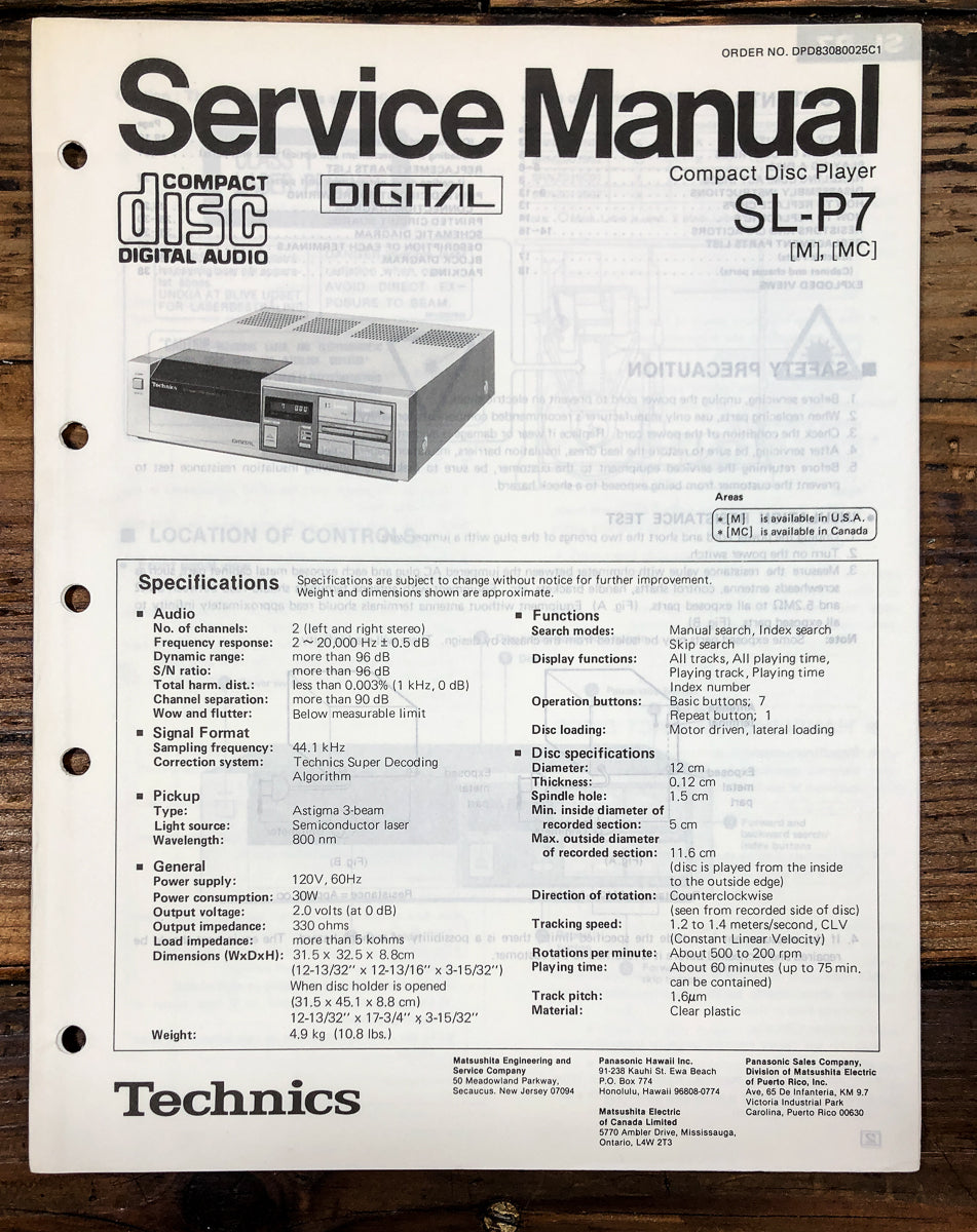Technics SL-P7 CD Player Service Manual *Original*