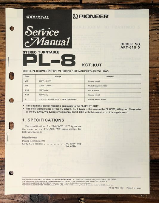 Pioneer PL-8 Turntable Supp. Service Manual *Original*