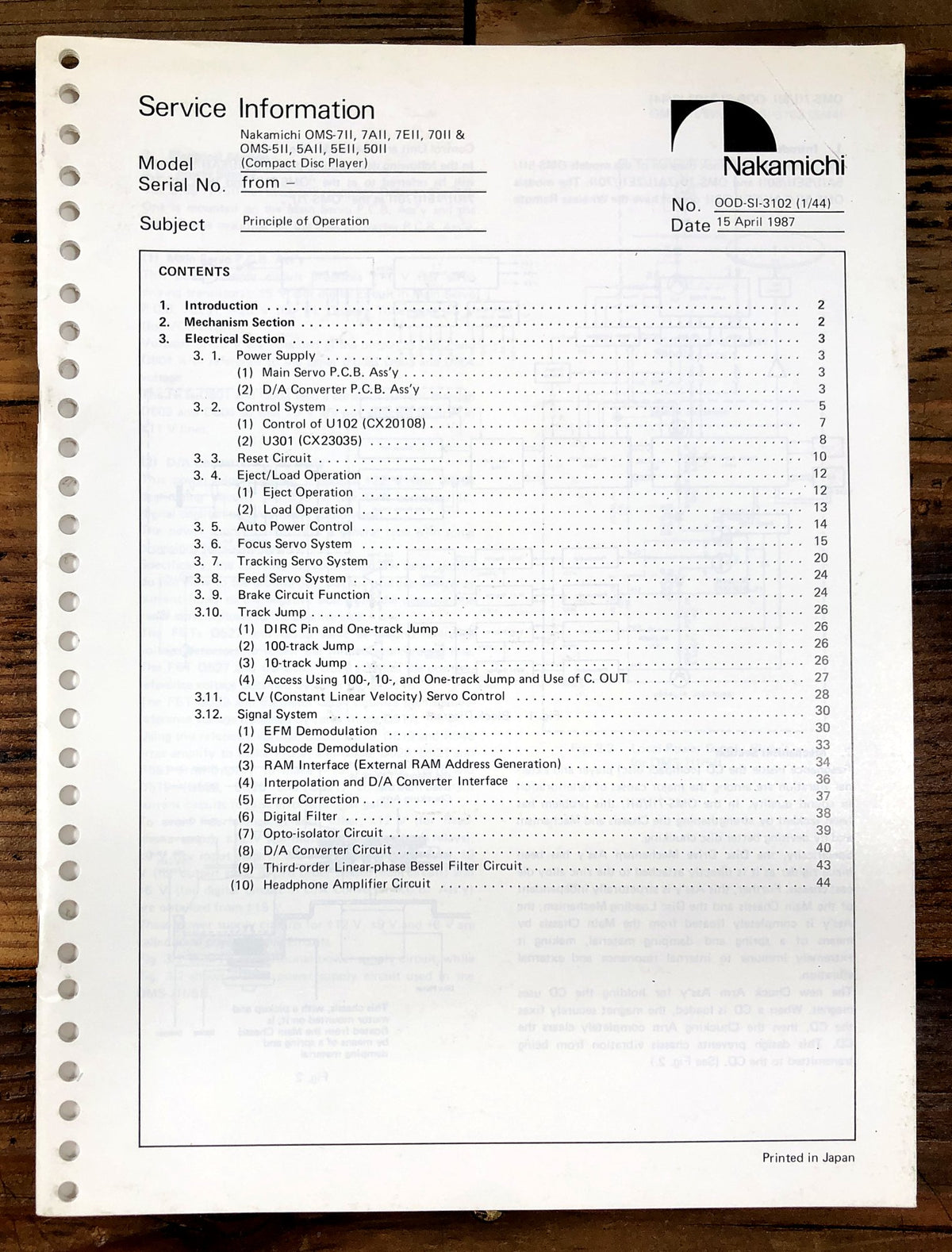 Nakamichi OMS-7 II MK2 Compact Disc Player Theory of Operation Manual *Original*