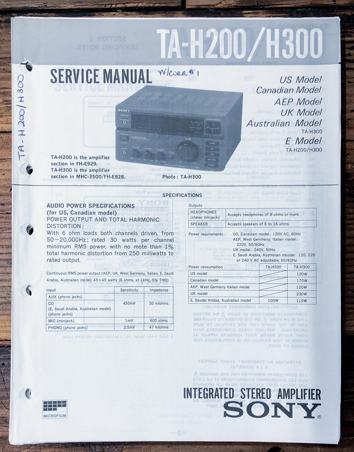 Sony TA-H200 TA-H300 Amplifier  Service Manual *Original*