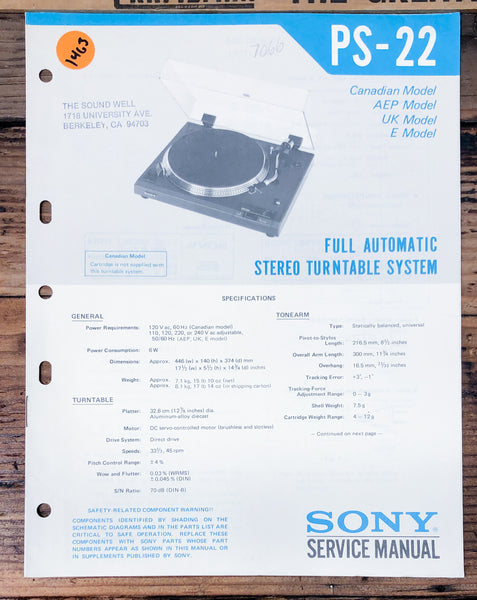 Sony PS-22 Record Player / Turntable  Service Manual *Original*