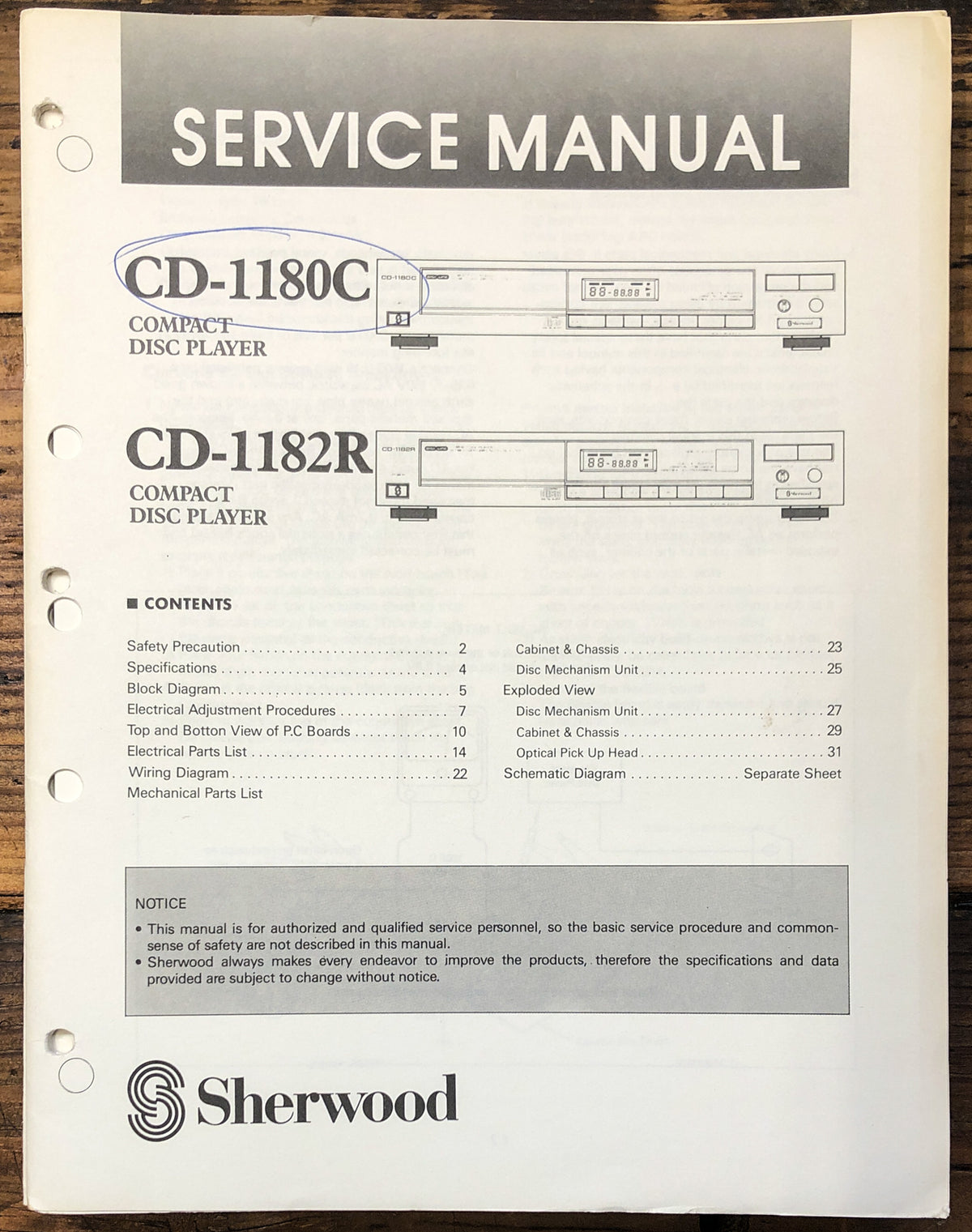 Sherwood CD-1180C CD-1182R CD Player  Service Manual *Original*