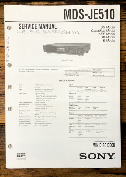 Sony MDS-JE510 MD Deck  Service Manual *Original*