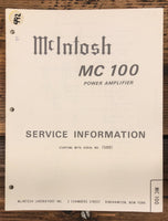 McIntosh MC100 MC-100 Amplifier  Service Manual *Original*