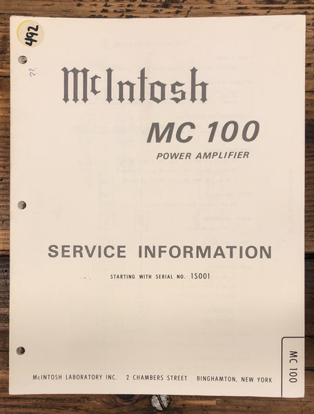 McIntosh MC100 MC-100 Amplifier  Service Manual *Original*