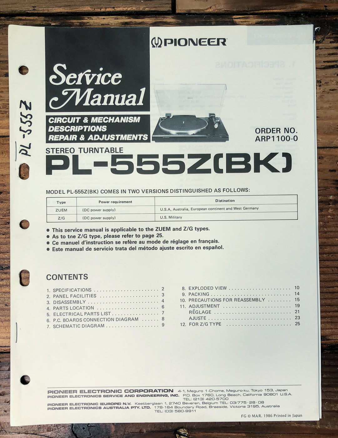 Pioneer PL-555Z Turntable Service Manual *Original*
