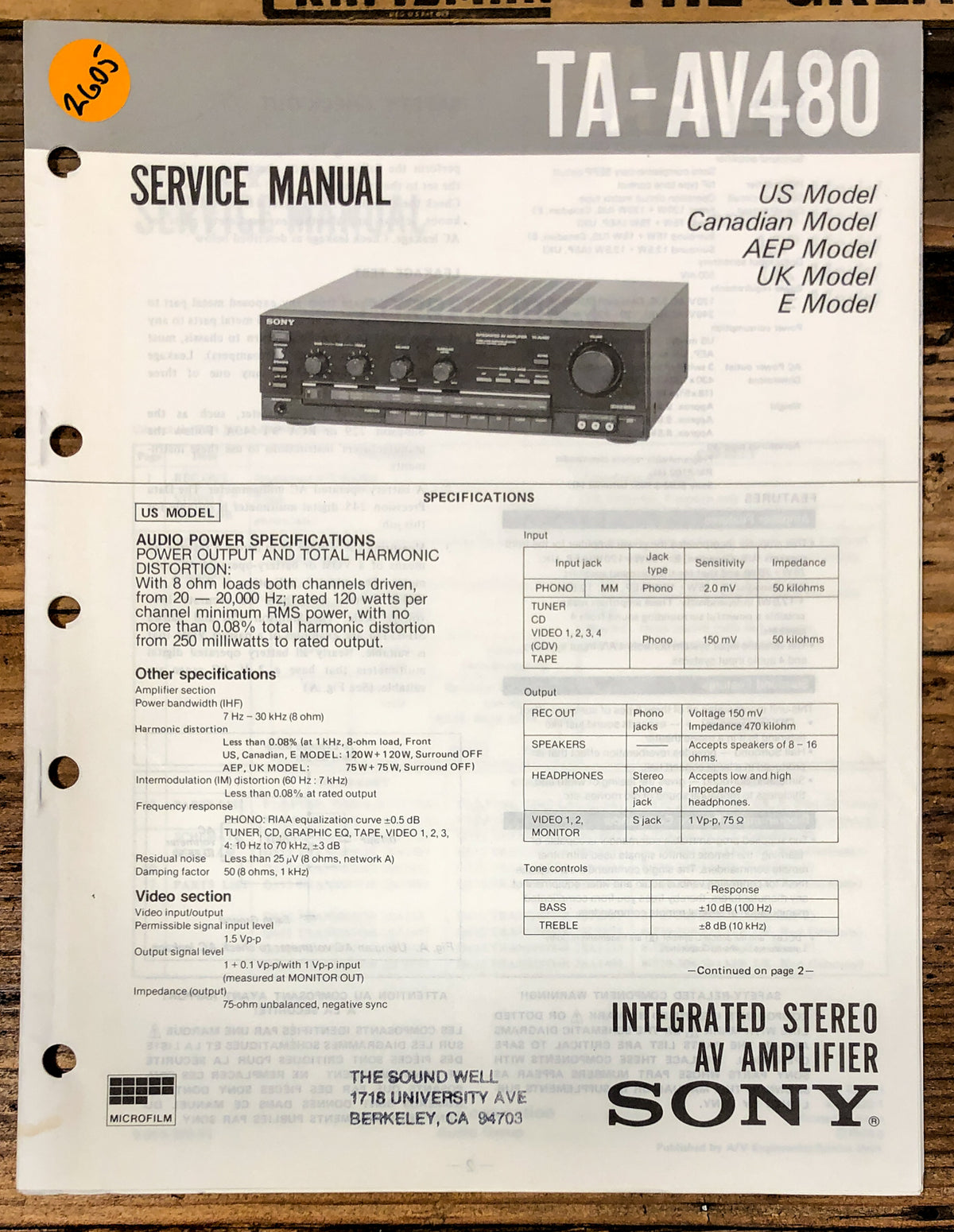 Sony TA-AV480 Amplifier  Service Manual *Original*
