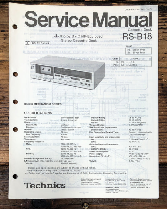 Technics RS-B18 Cassette Service Manual *Original*
