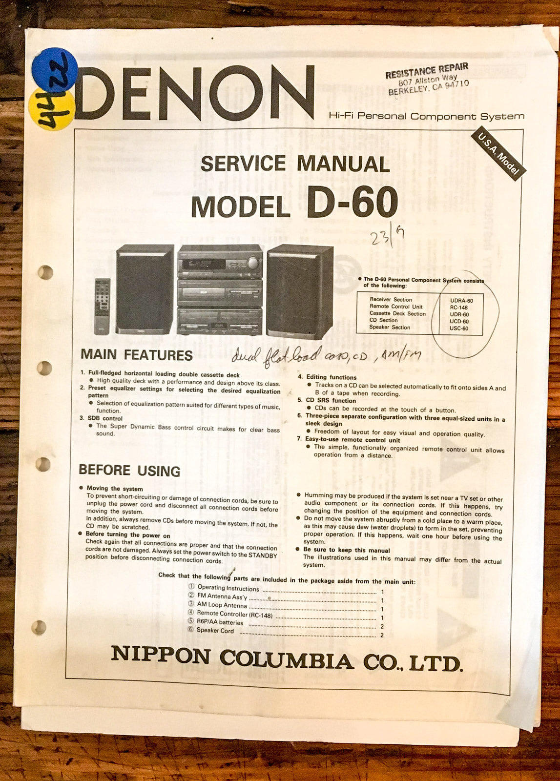 Denon D-60 Stereo  Service Manual *Original*