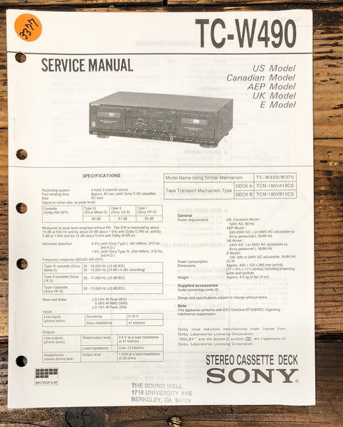 Sony TC-W490 Cassette  Service Manual *Original*