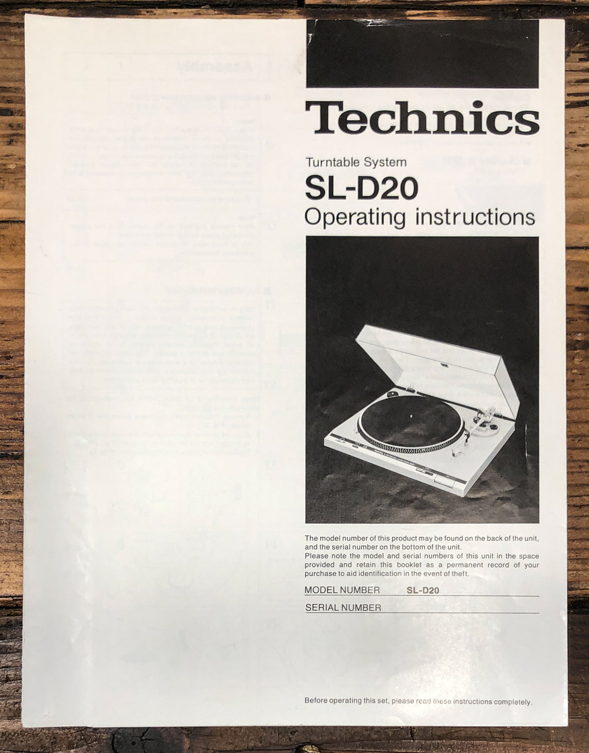 Technics SL-D20 Record Player / Turntable Owners / User Manual *Original*