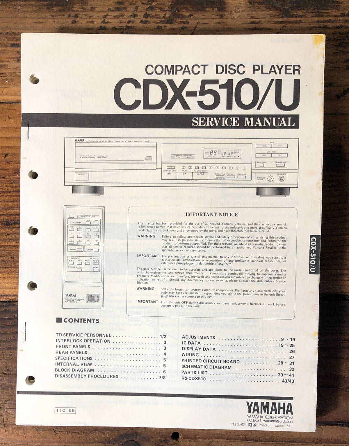 Yamaha CDX-510 CDX-510U CD Player  Service Manual *Original*