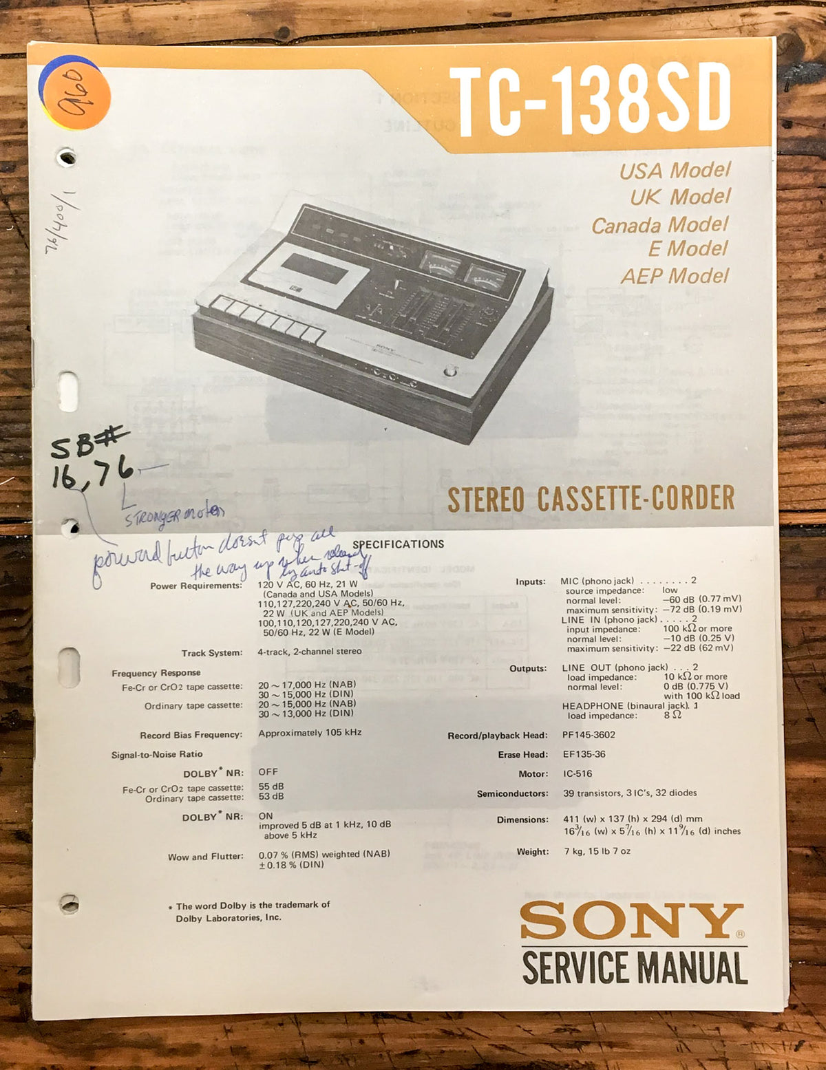 Sony TC-138SD Cassette  Service Manual *Original*
