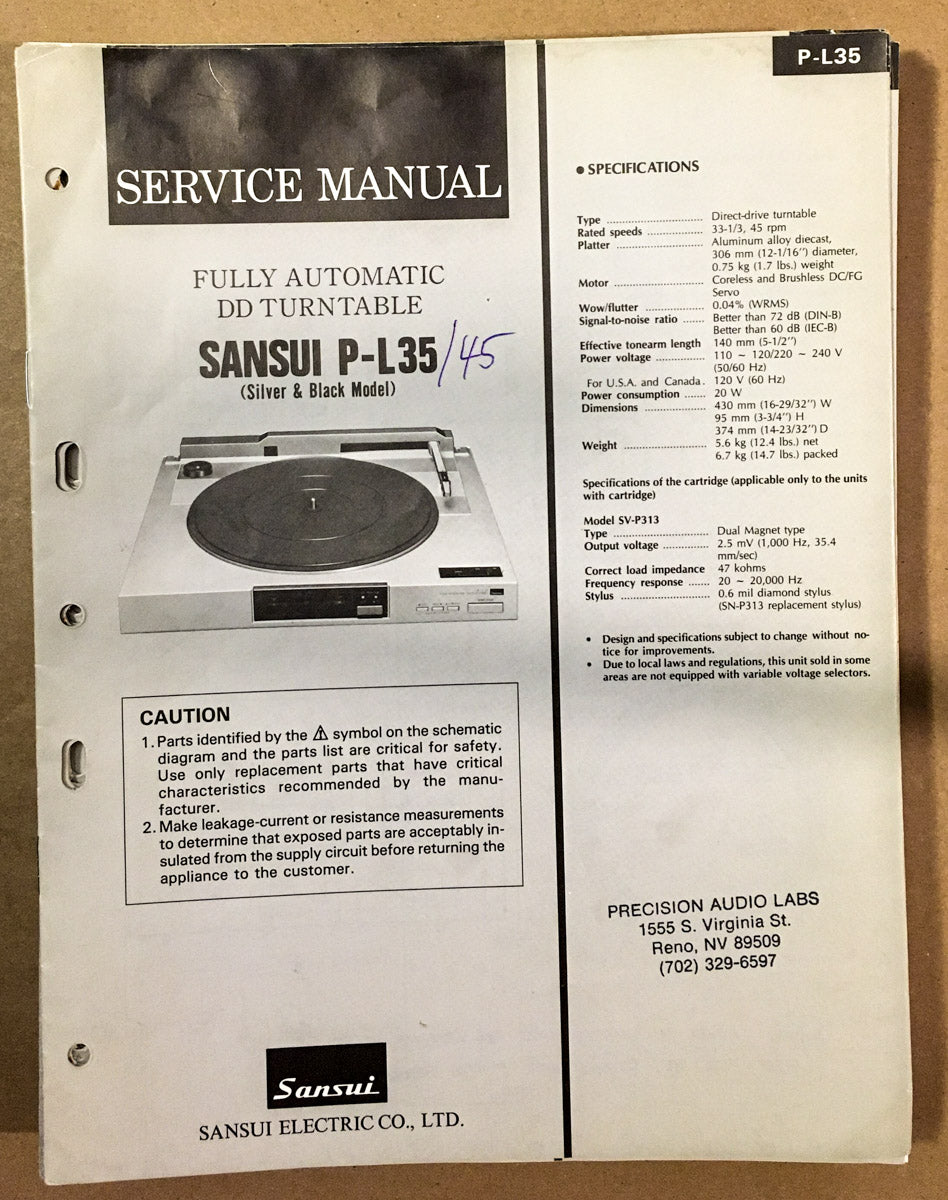Sansui P-L35 Record Player / Turntable  Service Manual *Original*