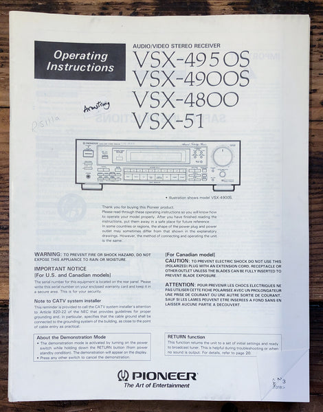 Pioneer VSX-51 -4800 -4900S -4950S Receiver  Owner / User Manual *Original*