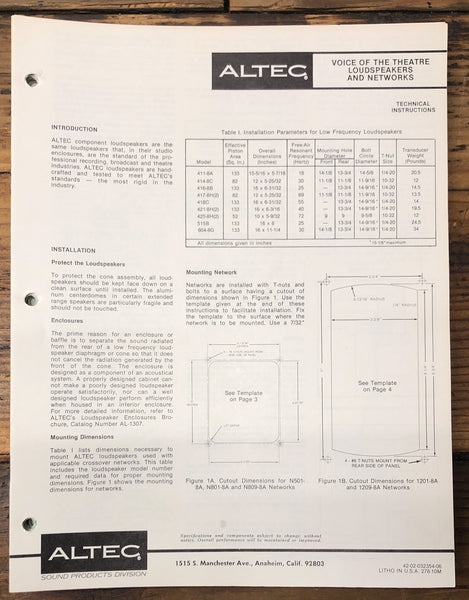 Altec VOTT 411-8A 604-8G 515B 418C 416-8B Speaker  Service Manual *Original*