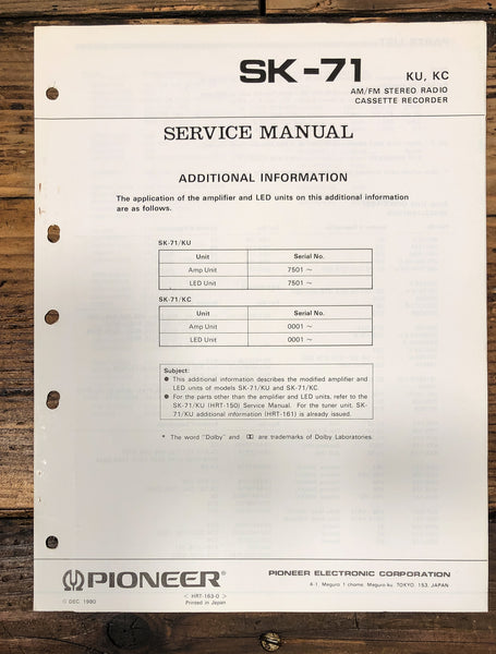 Pioneer SK-71 Radio Cassette Add.Service Manual *Original*