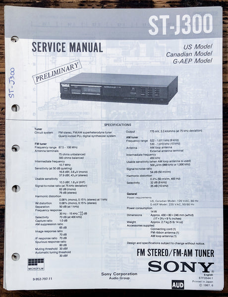 Sony ST-J300 Tuner Prelim. Service Manual *Original*