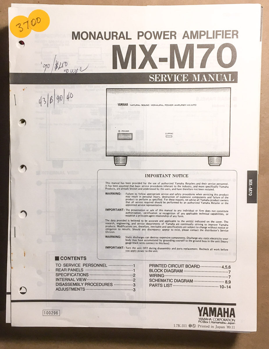 Yamaha MX-M70 Amplifier  Service Manual *Original*
