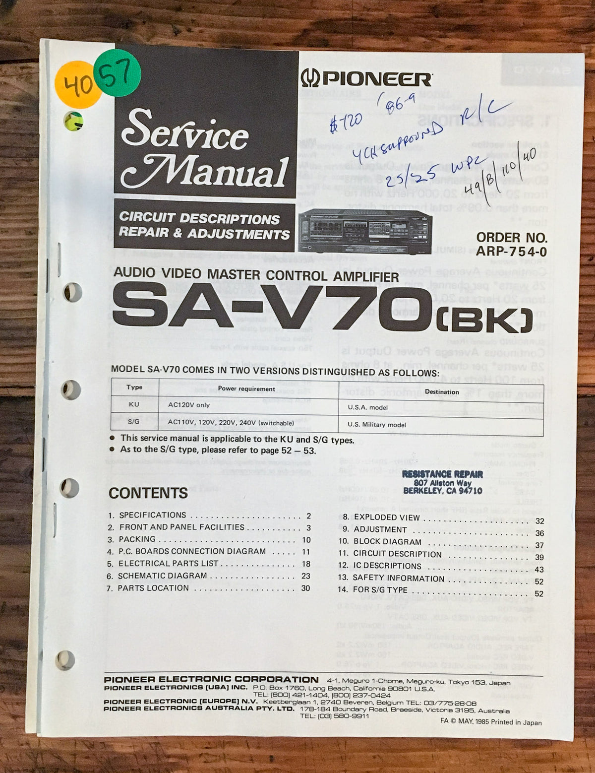 Pioneer SA-V70 Amplifier  Service Manual *Original*