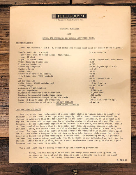HH Scott Model 350 Tuner Service Manual *Original*
