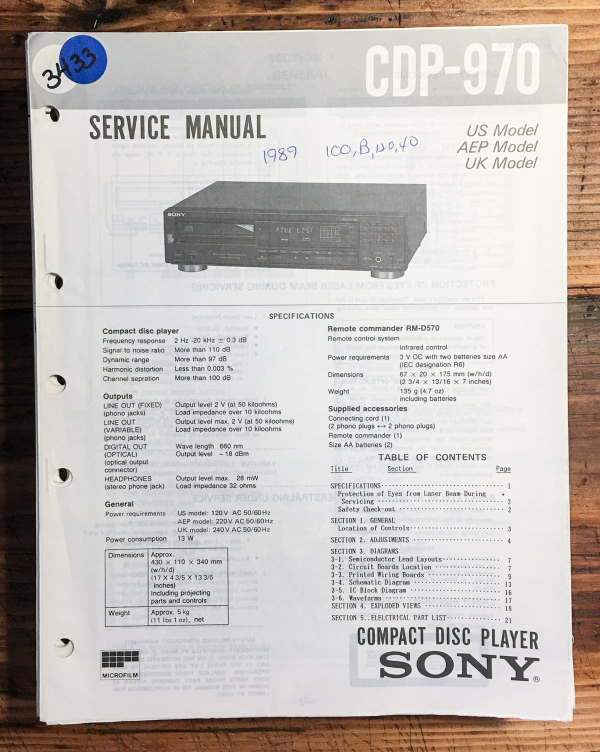 Sony CDP-970 CD Player  Service Manual *Original*