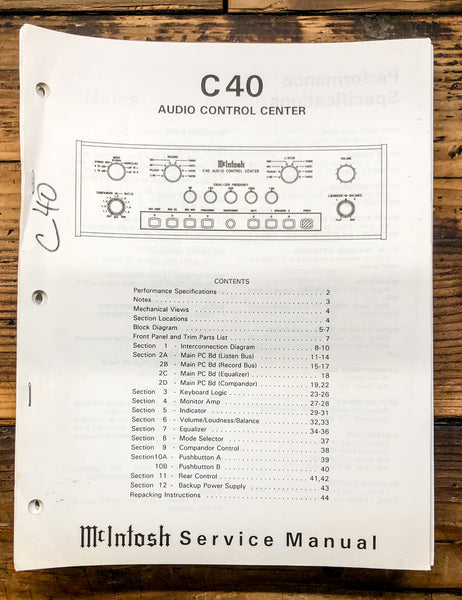 McIntosh C40 C-40 Preamp / Preamplifier  Service Manual *Original*