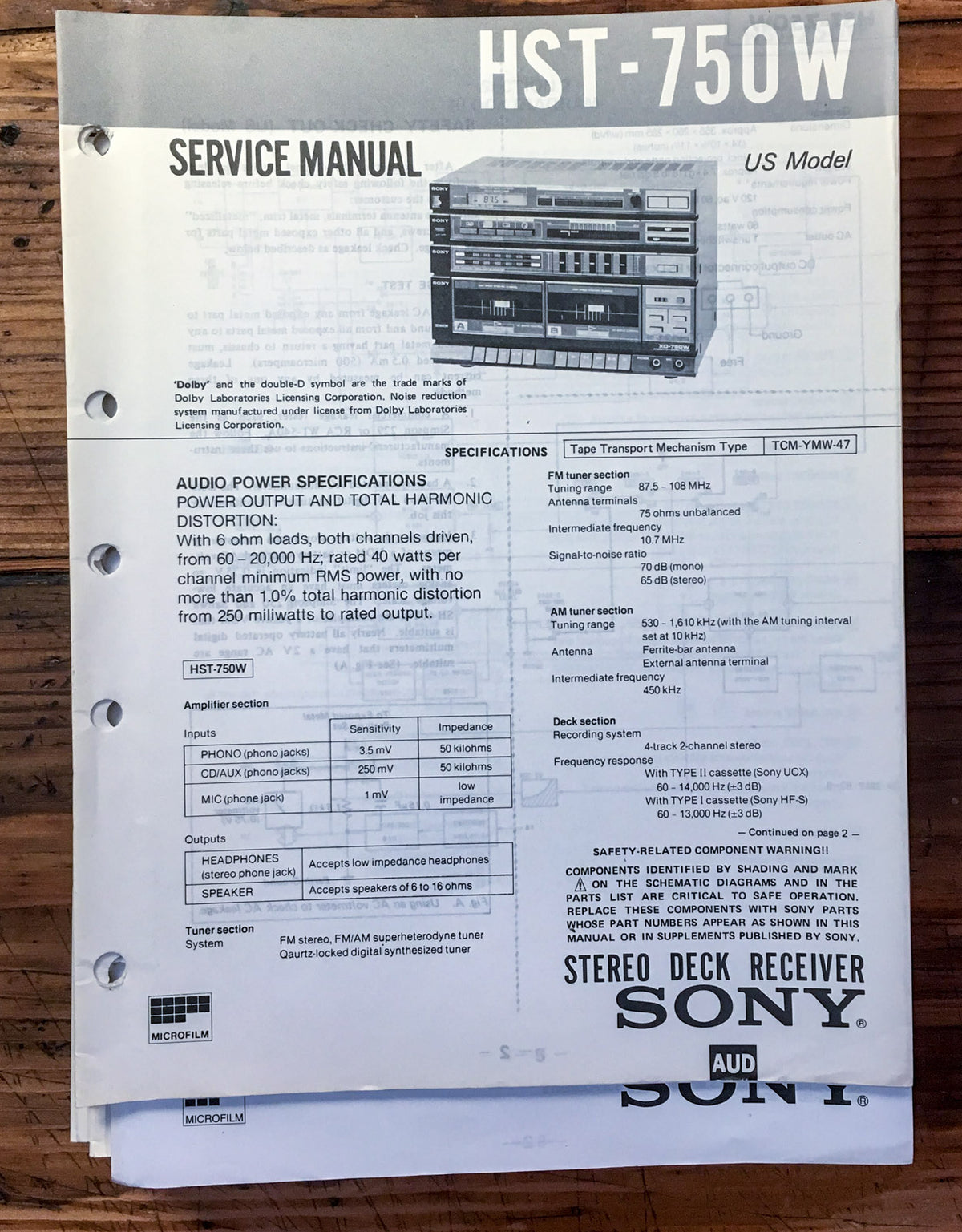 Sony HST-750W Stereo  Service Manual *Original*