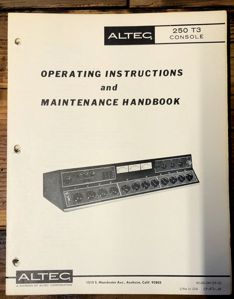 Altec Model 250 T3 Console  Owners Manual & Schematic *Orig*