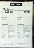 Rotel  RP-850 Turntable  Service Manual *Original*