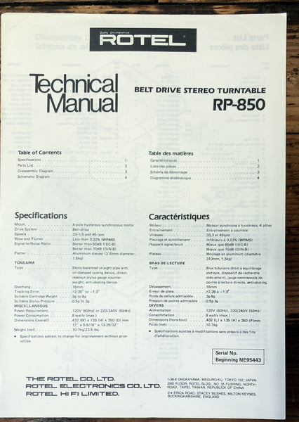 Rotel  RP-850 Turntable  Service Manual *Original*
