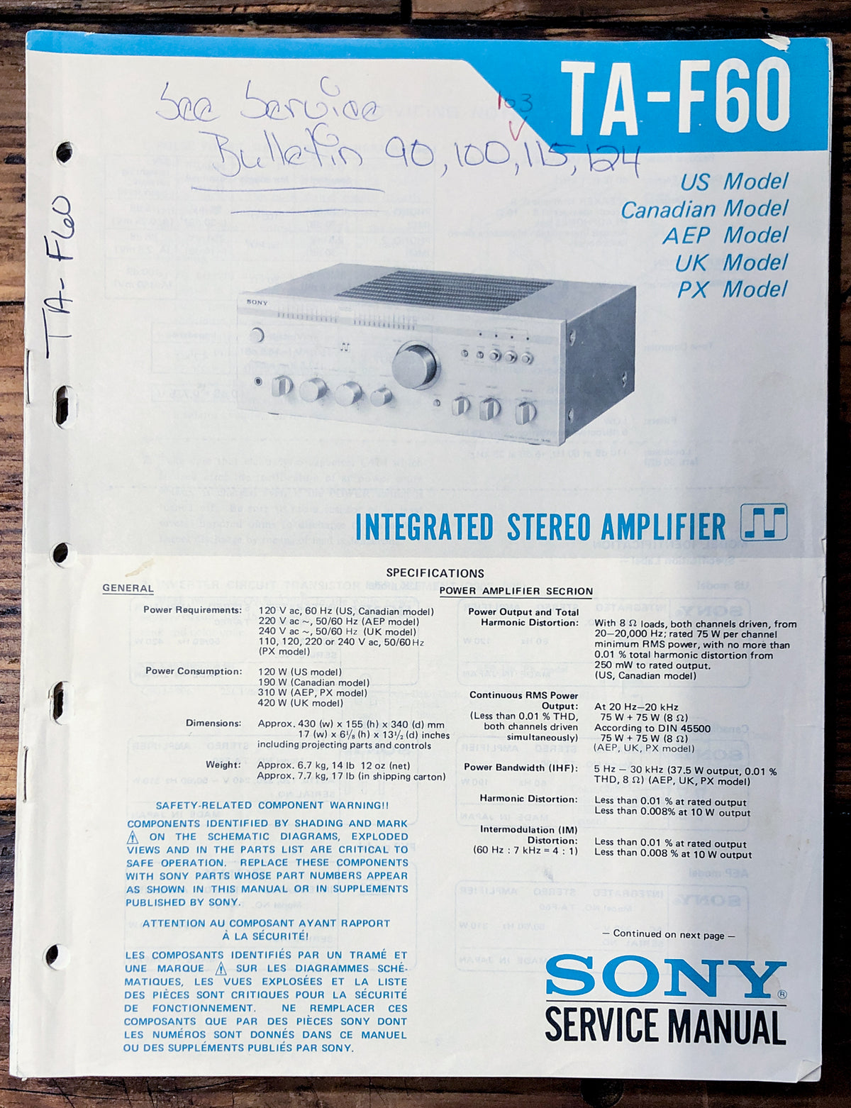 Sony TA-F60 Amplifier  Service Manual *Original*
