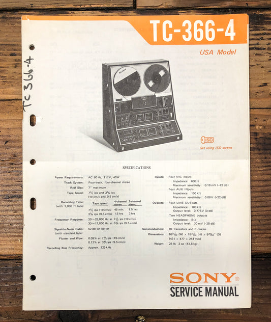 Sony TC-366-4 Reel to Reel Service Manual *Original*