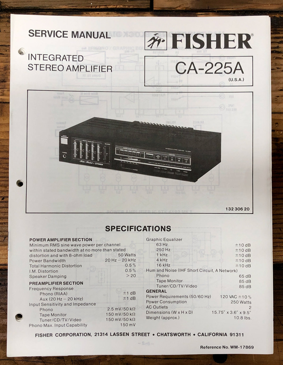 Fisher CA-225A Amplifier  Service Manual *Original*