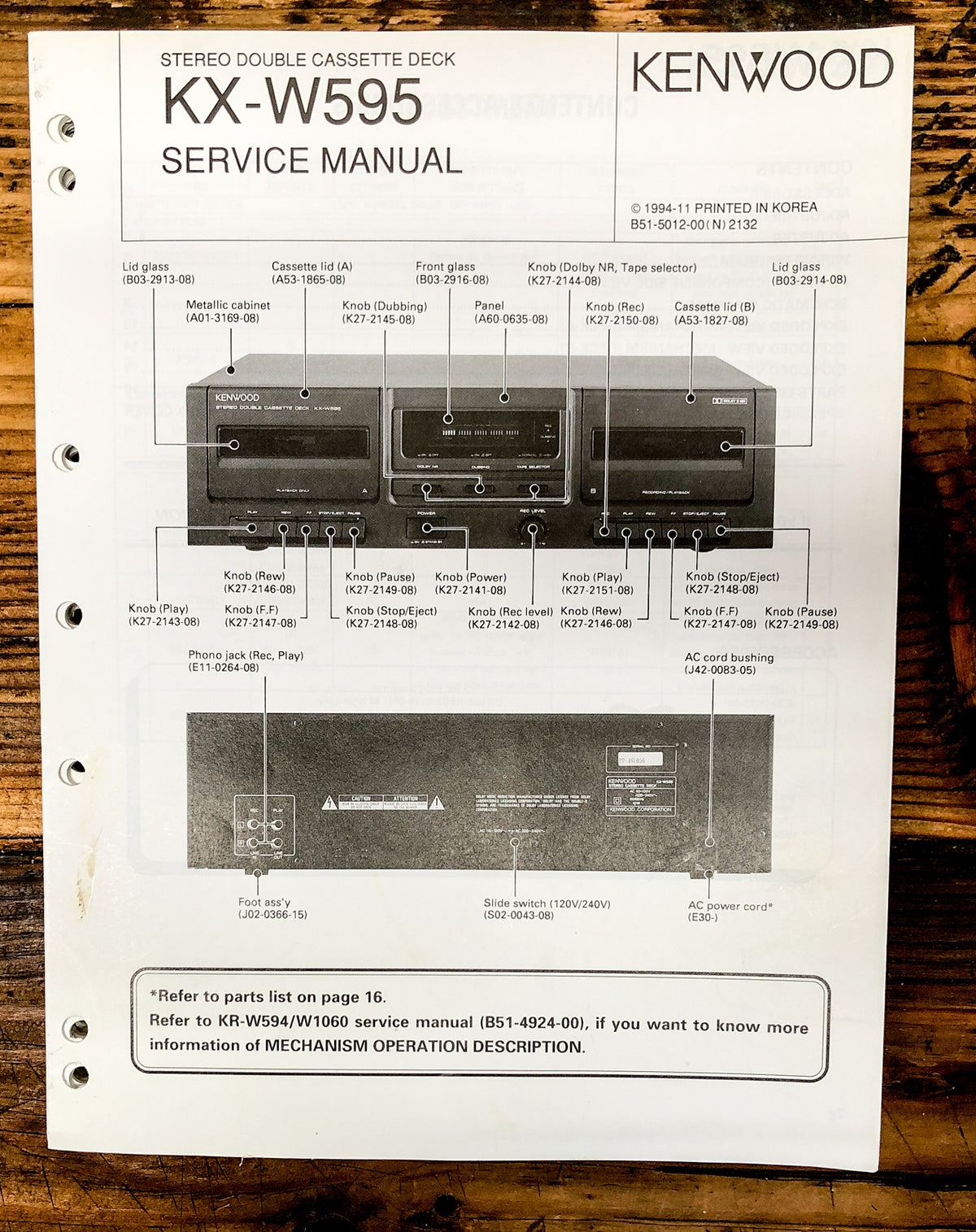 Kenwood KX-W595 Cassette  Service Manual *Original*