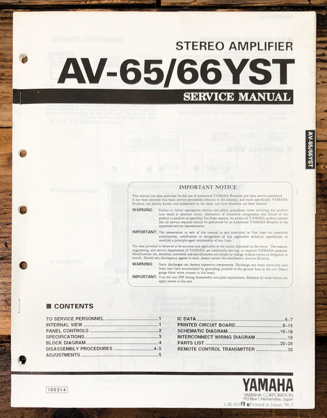 Yamaha AV-65 AV-66 YST Amplifier  Service Manual *Original*