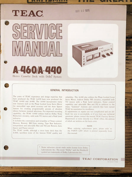 Teac A-440 A-460 Cassette Service Manual *Original*