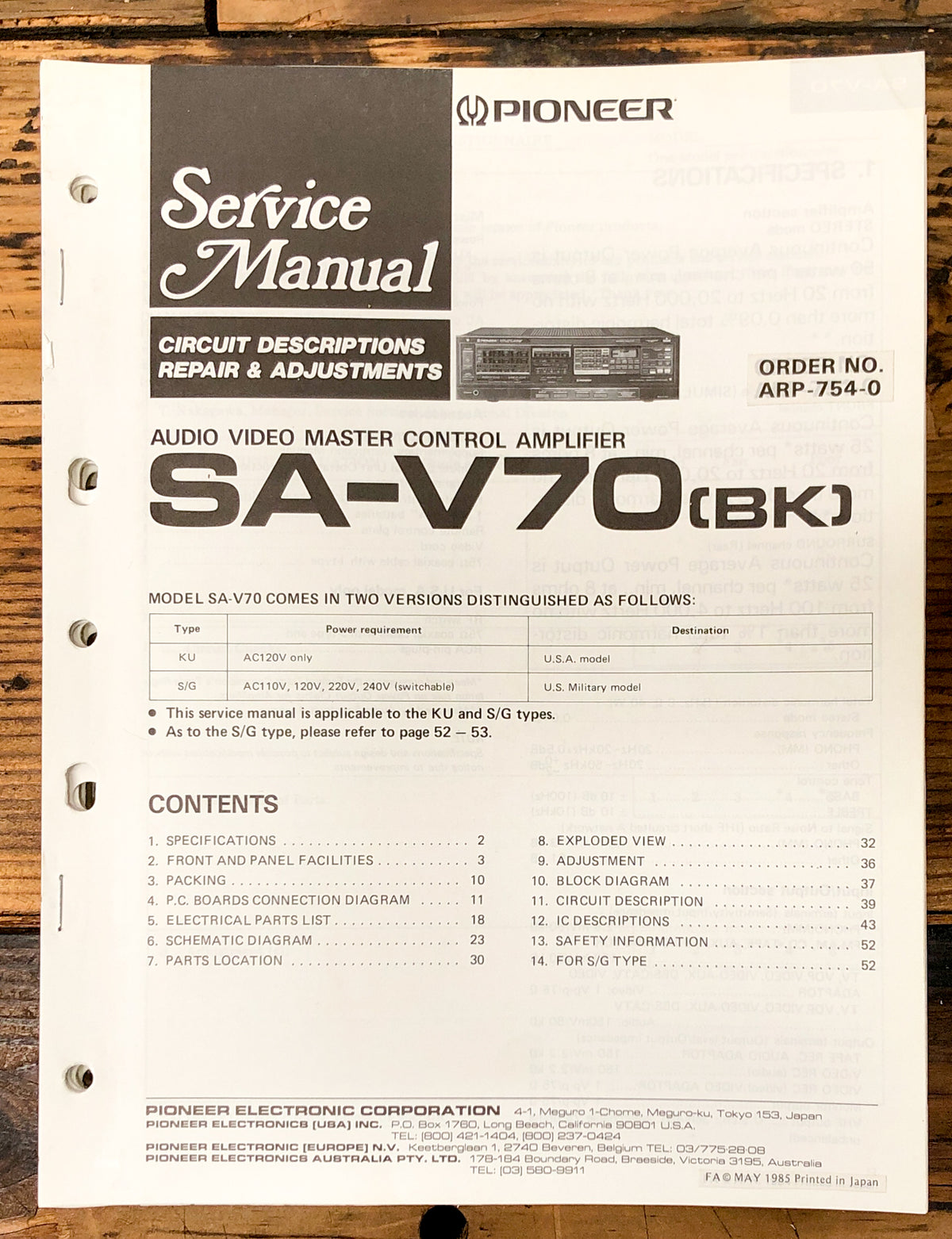 Pioneer SA-V70 Amplifier Service Manual *Original*