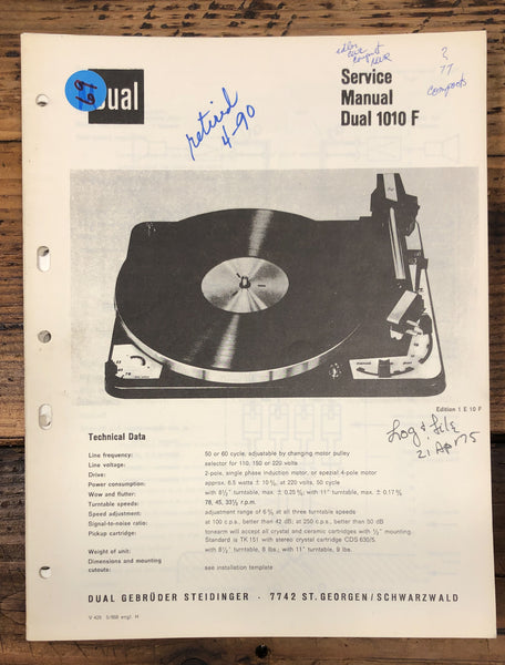 Dual Model 1010F 1010 F Record Player / Turntable  Service Manual *Original*