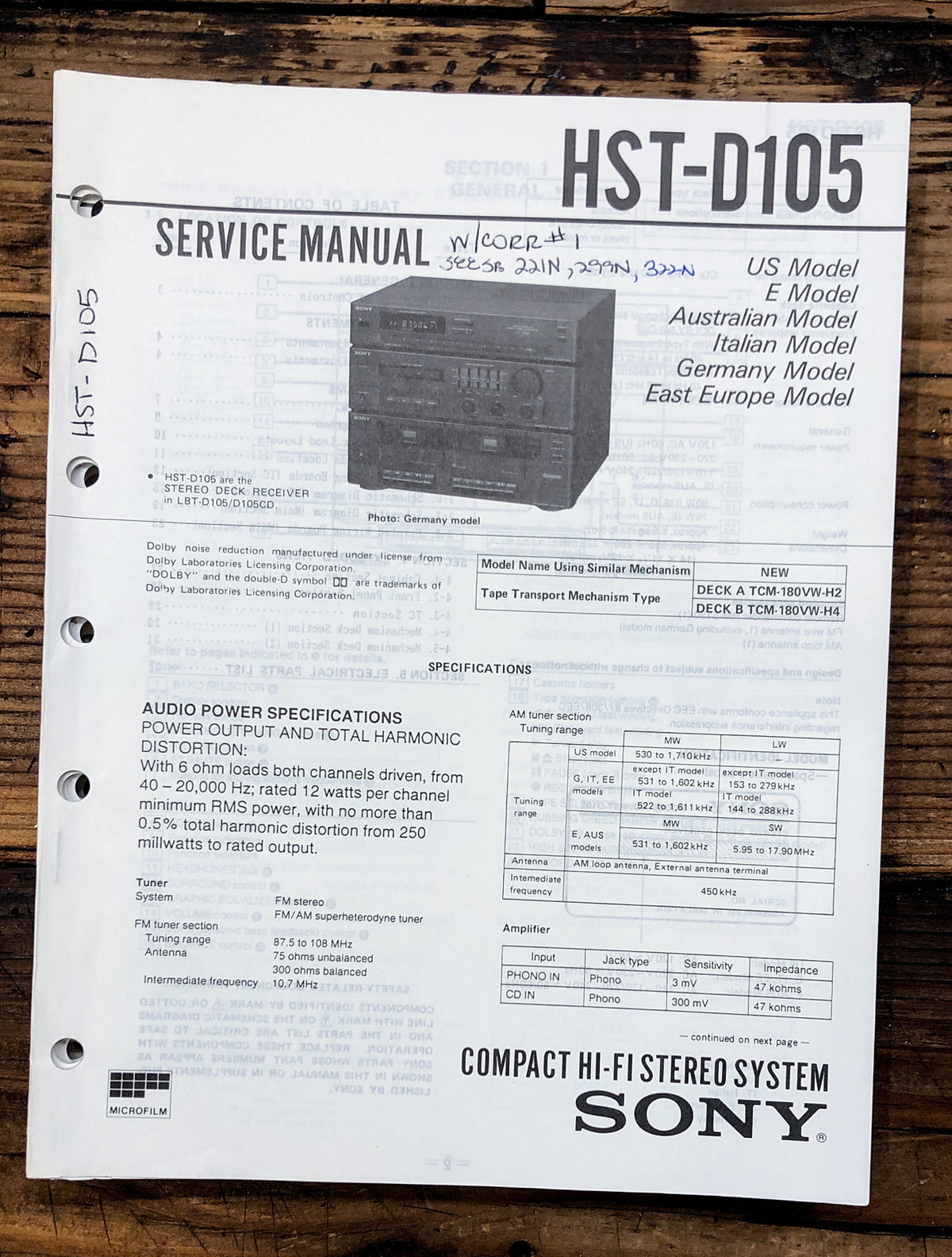 Sony HST-D105 Stereo  Service Manual *Original*