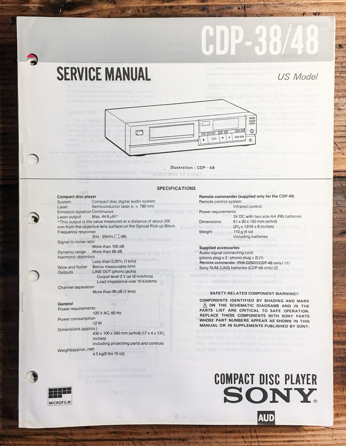 Sony CDP-38 CDP-48 CD Player  Service Manual *Original*