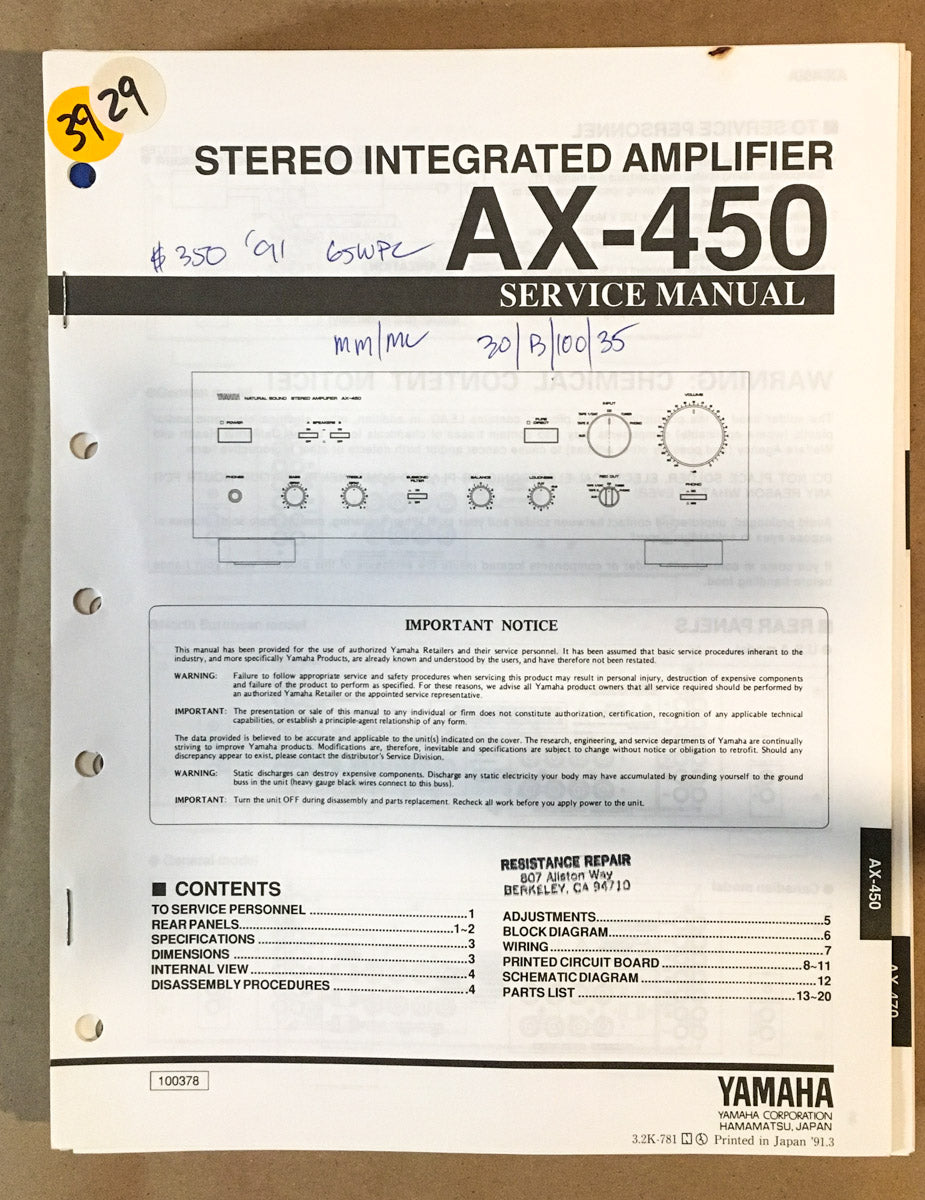 Yamaha AX-450 Amplifier  Service Manual *Original*