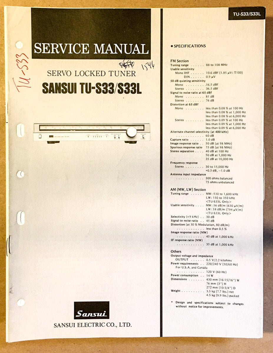 Sansui TU-S33 Tuner Service Manual *Original*