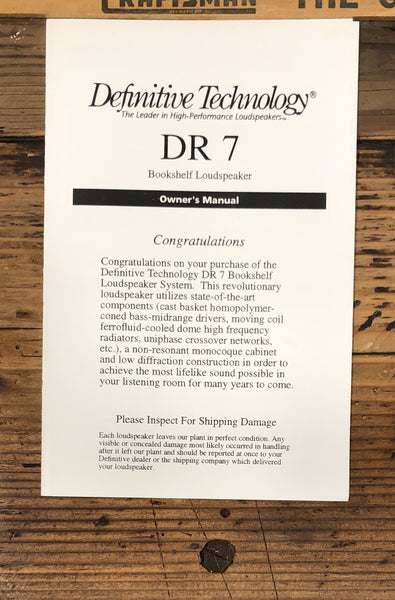 Definitive Technology DR-7 DR7 Speaker Owners / User Manual *Original*