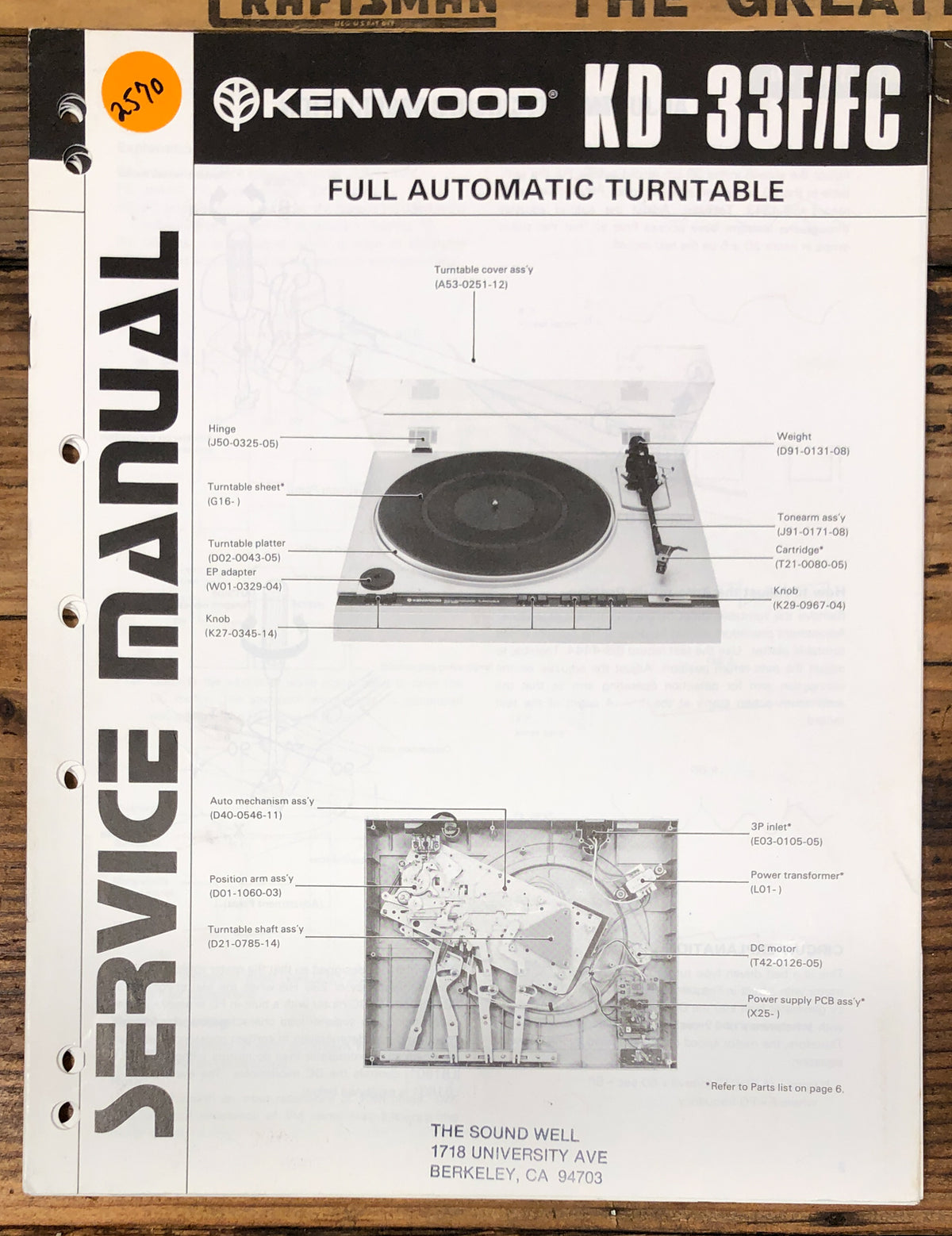 Kenwood KD-33F KD-33FC Record Player / Turntable  Service Manual *Original*