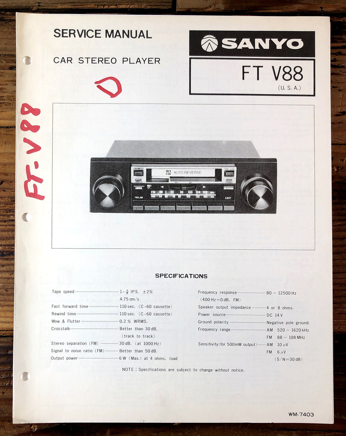 Sanyo FT V88 Car Stereo Player Service Manual *Original*