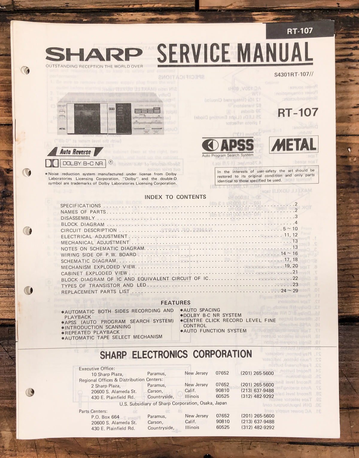 Sharp RT-107 Cassette  Service Manual *Original*