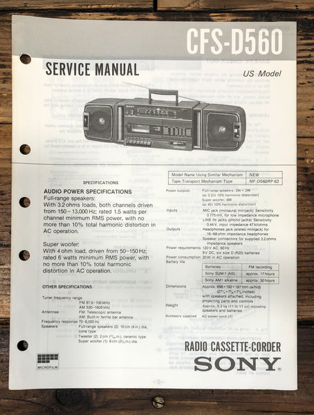 Sony CFS-D560 Radio Service Manual *Original*